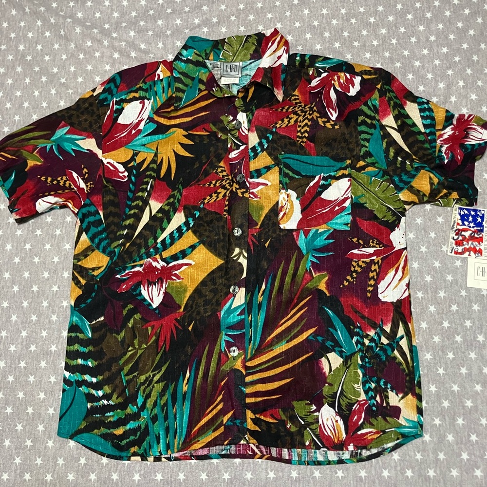 Vintage Women’s Camp Shirt Large Multicolor Short Sleeve Button Up NWT Vtg